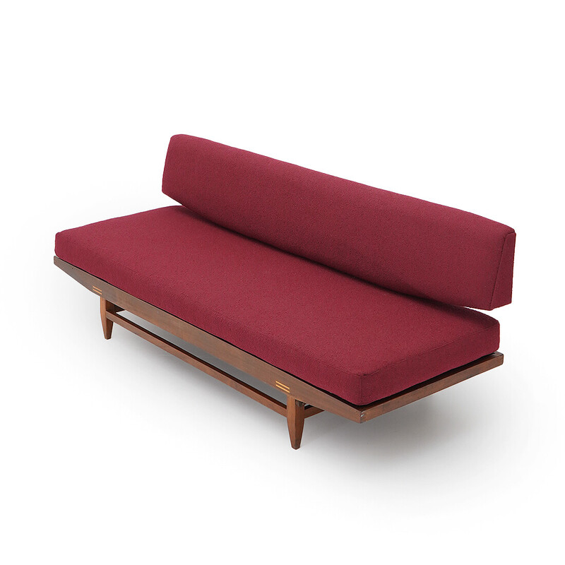 Vintage sofa bed in shaped solid wood and fabric, 1950