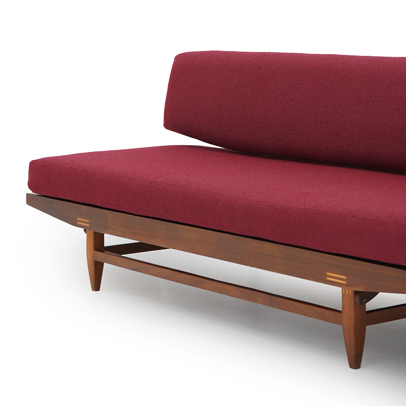 Vintage sofa bed in shaped solid wood and fabric, 1950
