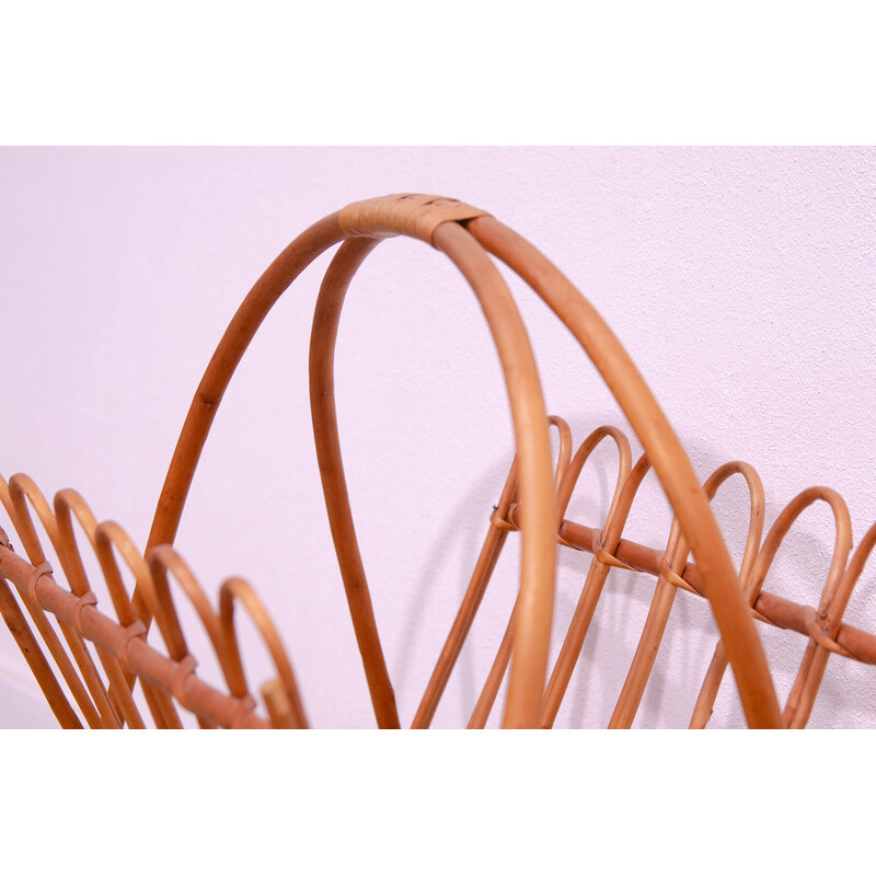 Vintage rattan magazine rack by Jan Kalous for Úluv, Czechoslovakia 1960