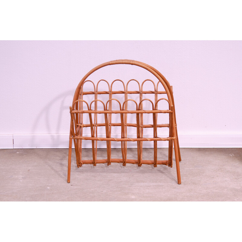 Vintage rattan magazine rack by Jan Kalous for Úluv, Czechoslovakia 1960