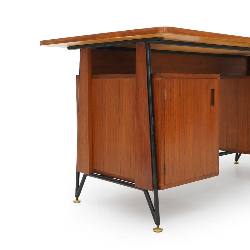 Vintage teak and black painted metal desk with 3 drawers, Italy 1950