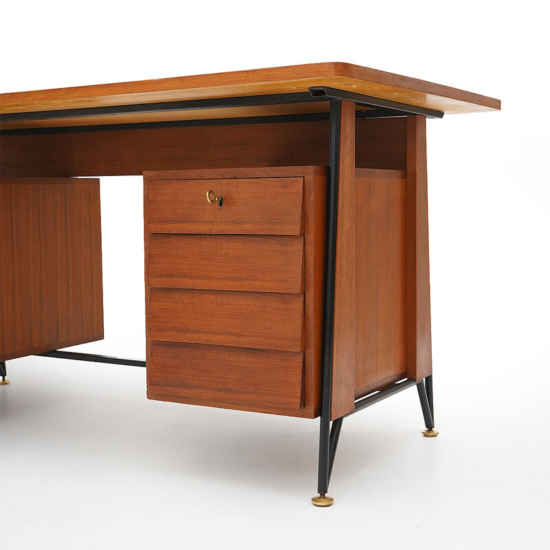 Vintage teak and black painted metal desk with 3 drawers, Italy 1950