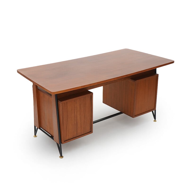 Vintage teak and black painted metal desk with 3 drawers, Italy 1950