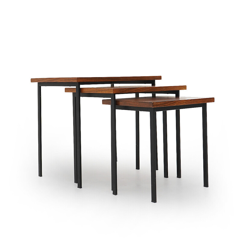 Vintage nesting tables in black painted metal and wood, Italy 1950