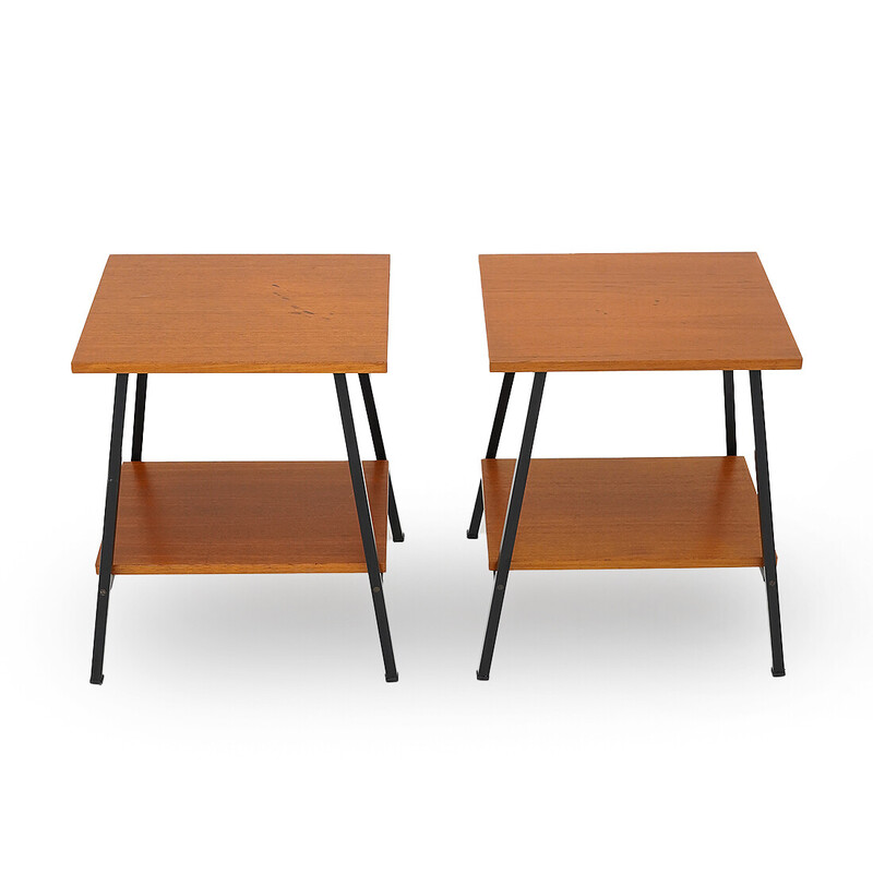 Pair of vintage bedside tables in wood and black painted metal, Italy 1950