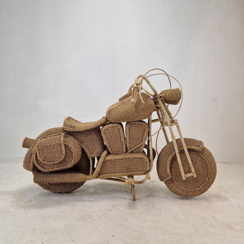 Sculpture moto Harley Davidson vintage en rotin tressé et saule, Usa 1980