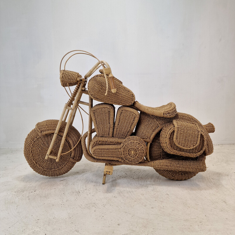 Vintage Harley Davidson motorcycle sculpture in woven rattan and willow, USA 1980