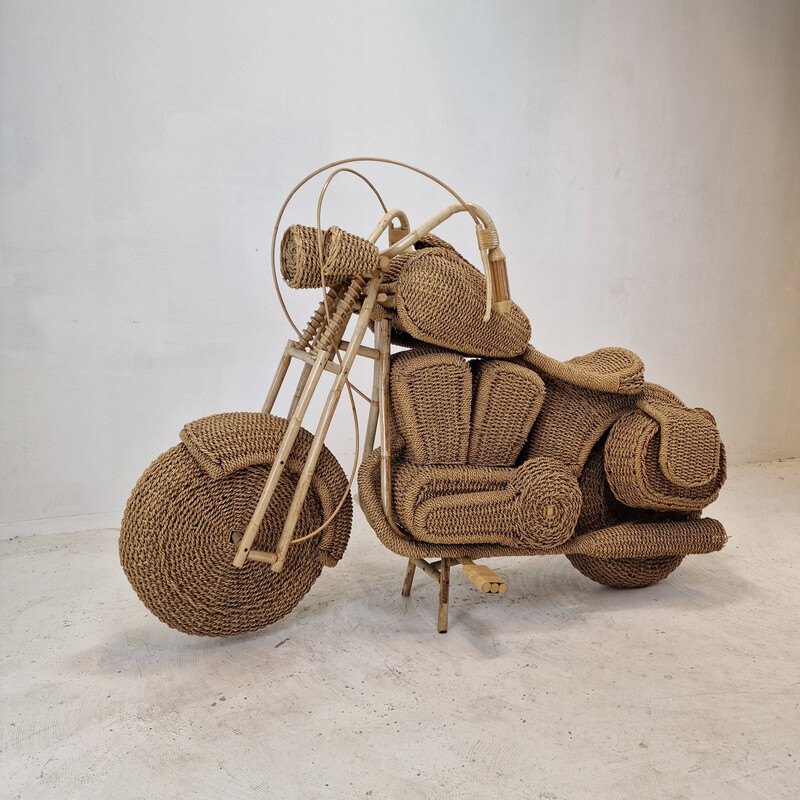 Vintage Harley Davidson motorcycle sculpture in woven rattan and willow, USA 1980