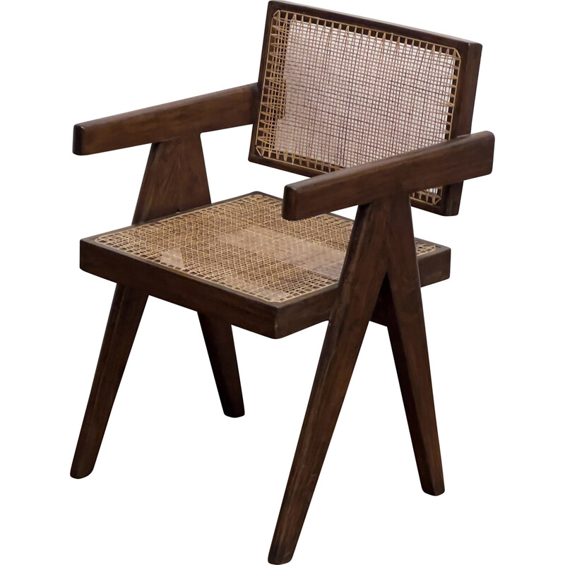Vintage teak and canework office chair by Pierre Jeanneret for Chandigarh, 1950