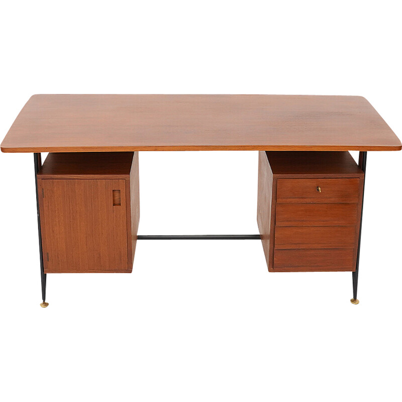 Vintage teak and black painted metal desk with 3 drawers, Italy 1950