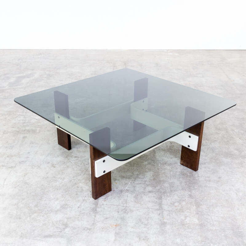 Vintage square coffee table with smoked glass table top - 1970s