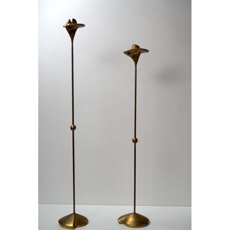 Pair of vintage bronze candlesticks with floral motif, Germany 1960