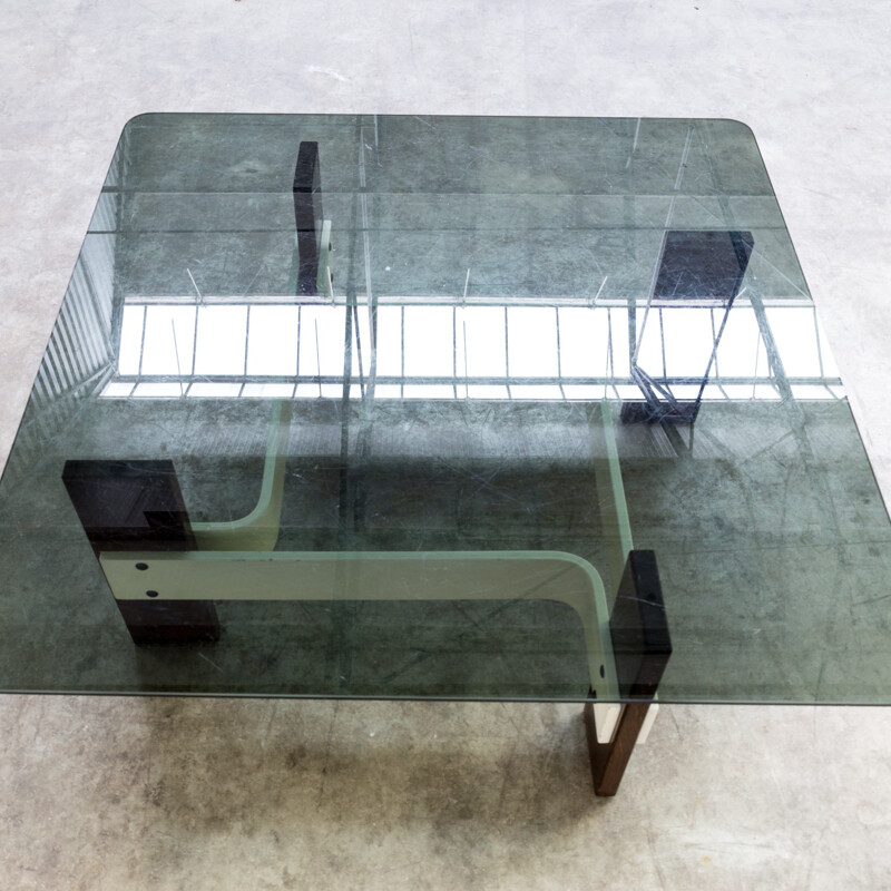 Table basse carrée vintage en verre fumé - 1970