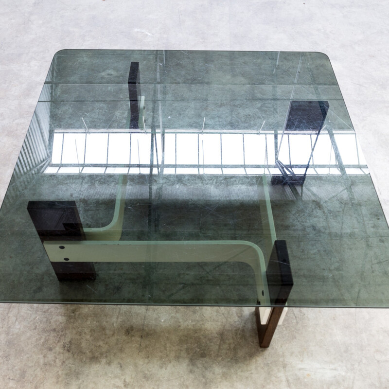 Vintage square coffee table with smoked glass table top - 1970s