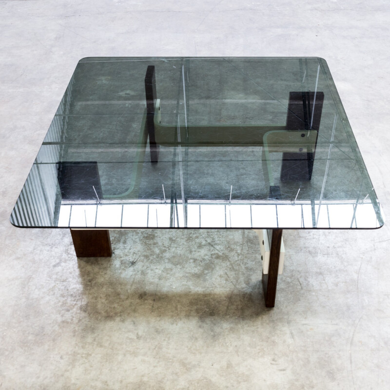 Vintage square coffee table with smoked glass table top - 1970s