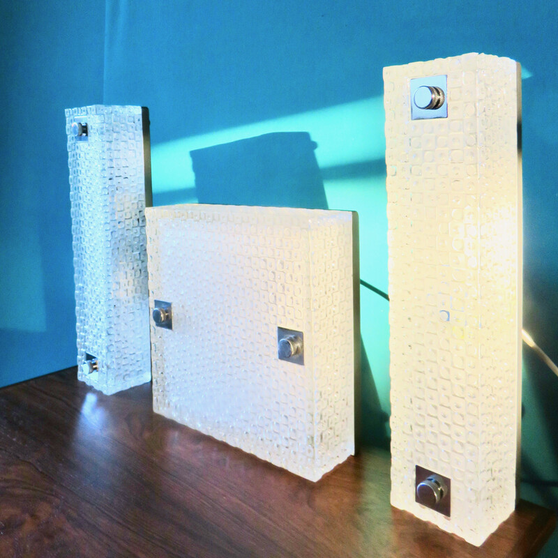 Pair of vintage rectangular wall lights and square molded glass wall lamp for Dve, Germany 1970
