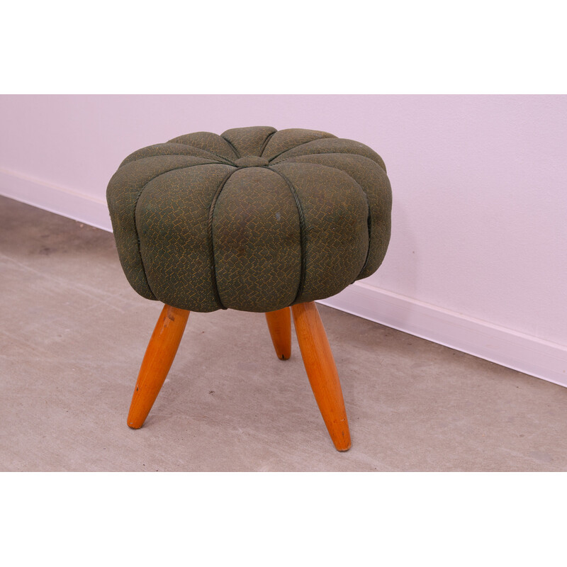 Vintage Art Deco pouf in beech wood and fabric, Czechoslovakia 1940