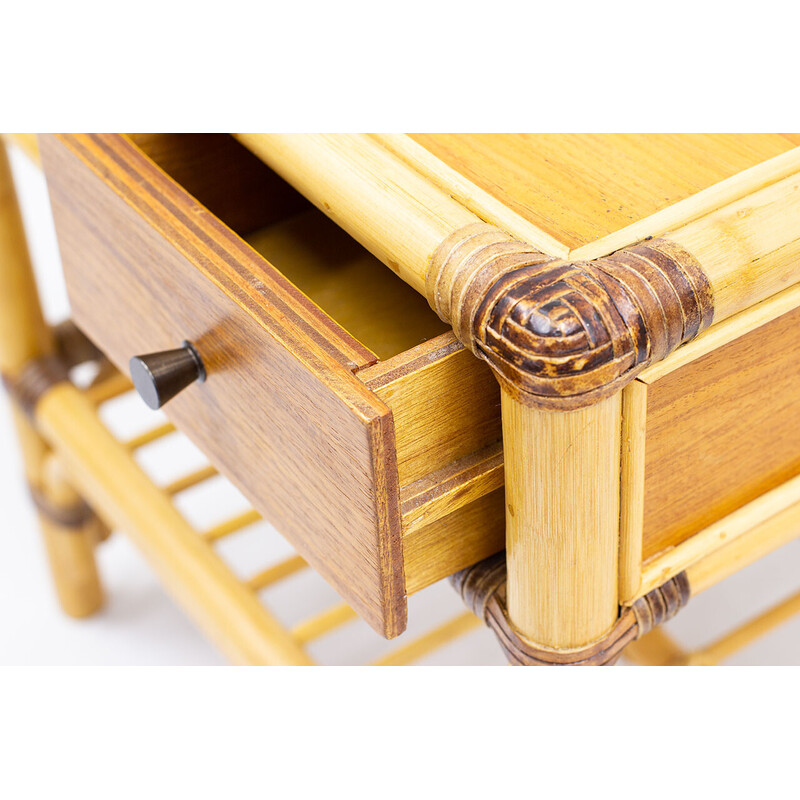 Pair of vintage teak and rattan bedside tables for Dux, Sweden 1960