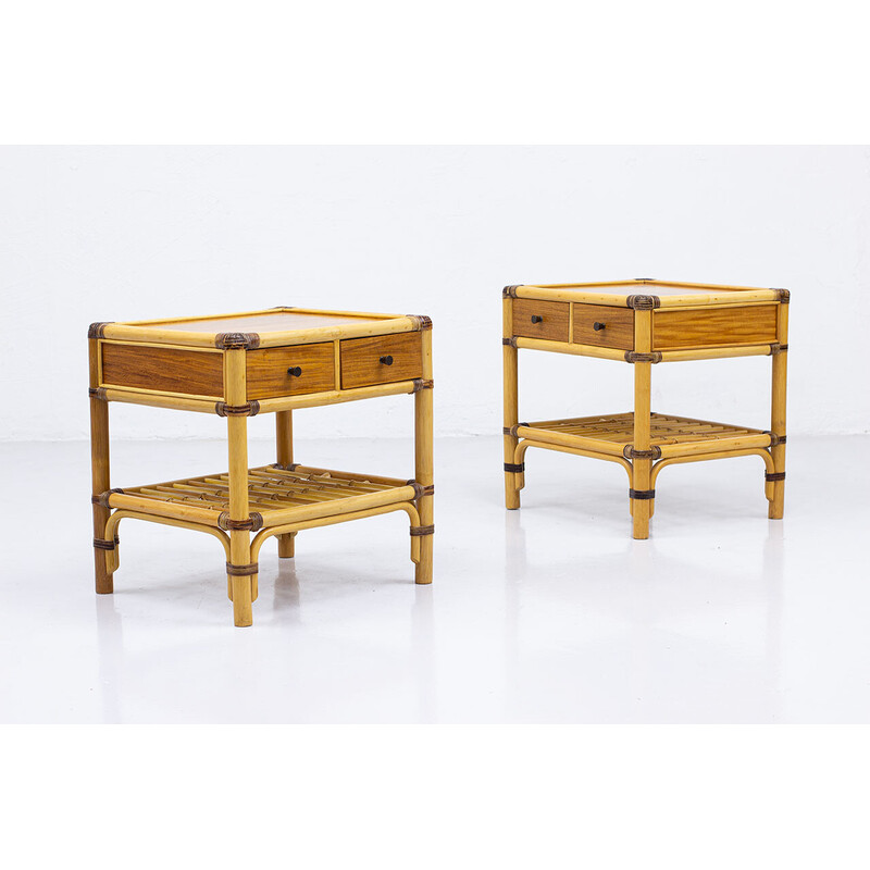 Pair of vintage teak and rattan bedside tables for Dux, Sweden 1960