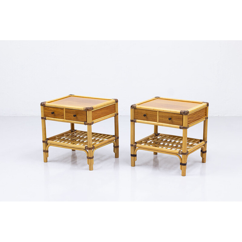 Pair of vintage teak and rattan bedside tables for Dux, Sweden 1960