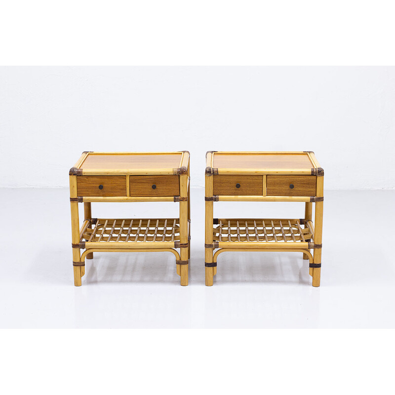 Pair of vintage teak and rattan bedside tables for Dux, Sweden 1960