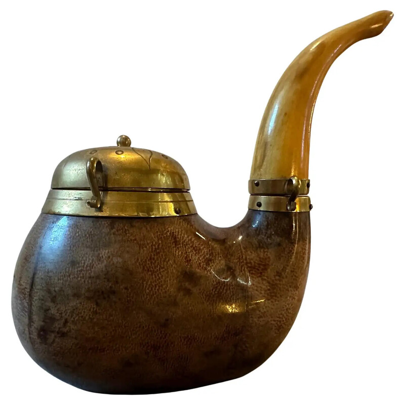 Tabacchiera d'epoca in pelle di capra e ottone a forma di pipa di Aldo Tura per Macabo, 1950