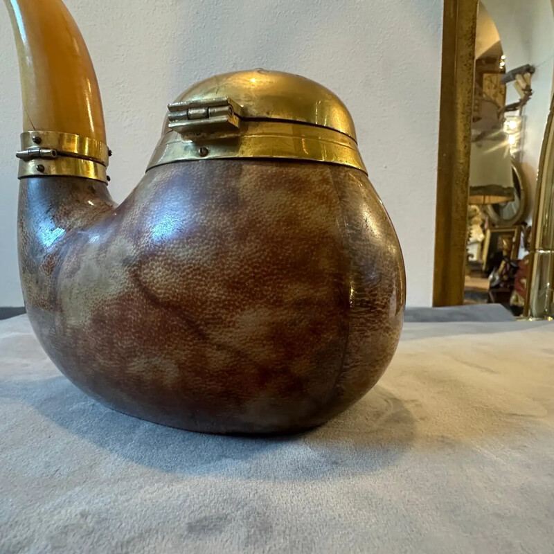 Vintage goatskin and brass tobacco box in the shape of a pipe by Aldo Tura for Macabo, 1950