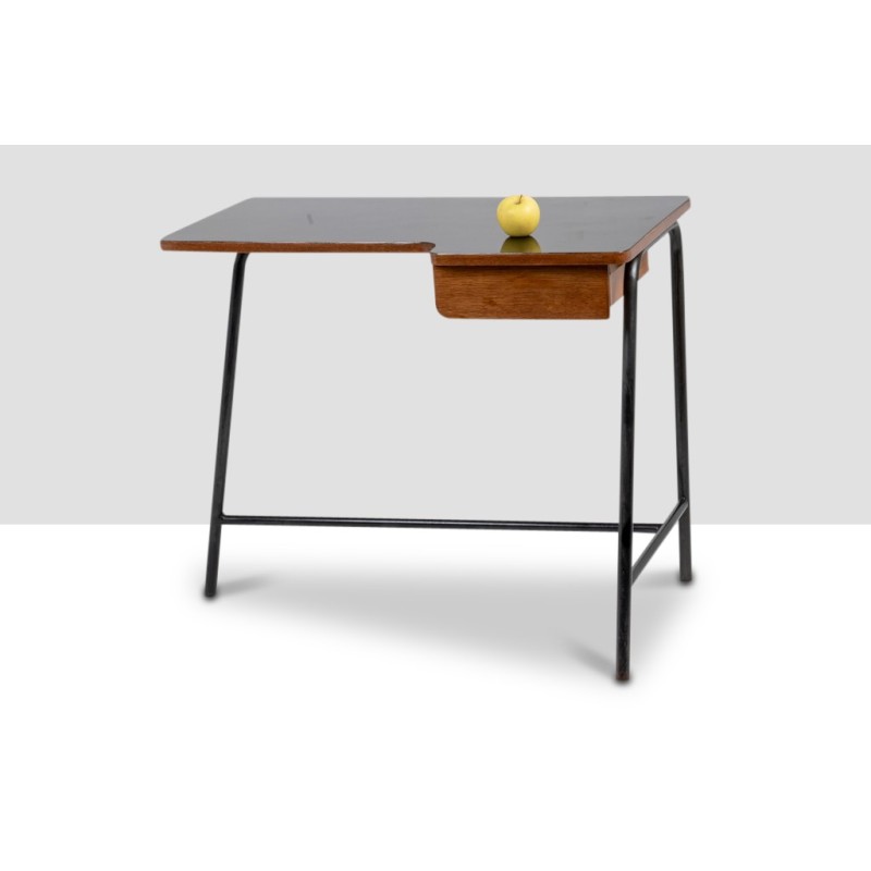 Vintage oak and black metal desk by Jacques Hitier for Mbo, 1951