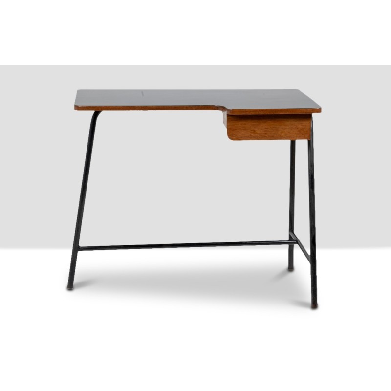 Vintage oak and black metal desk by Jacques Hitier for Mbo, 1951