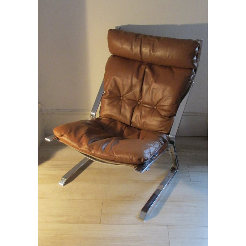 Pair of Norwegian leather and chromium lounge chairs - 1960s