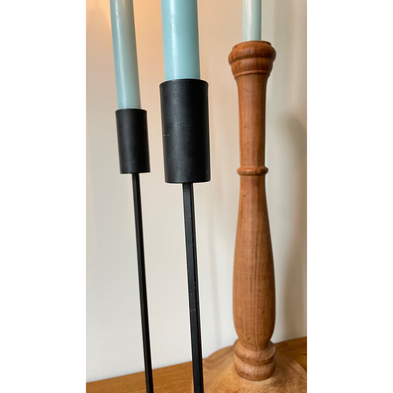 Set of 3 vintage teak and steel candlestick