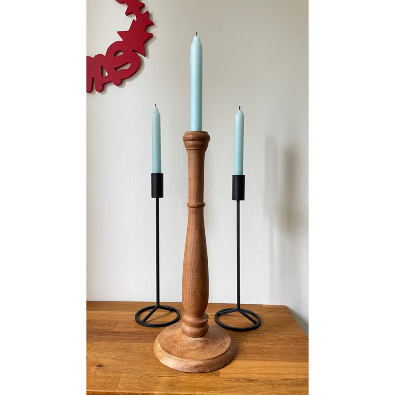 Set of 3 vintage teak and steel candlestick