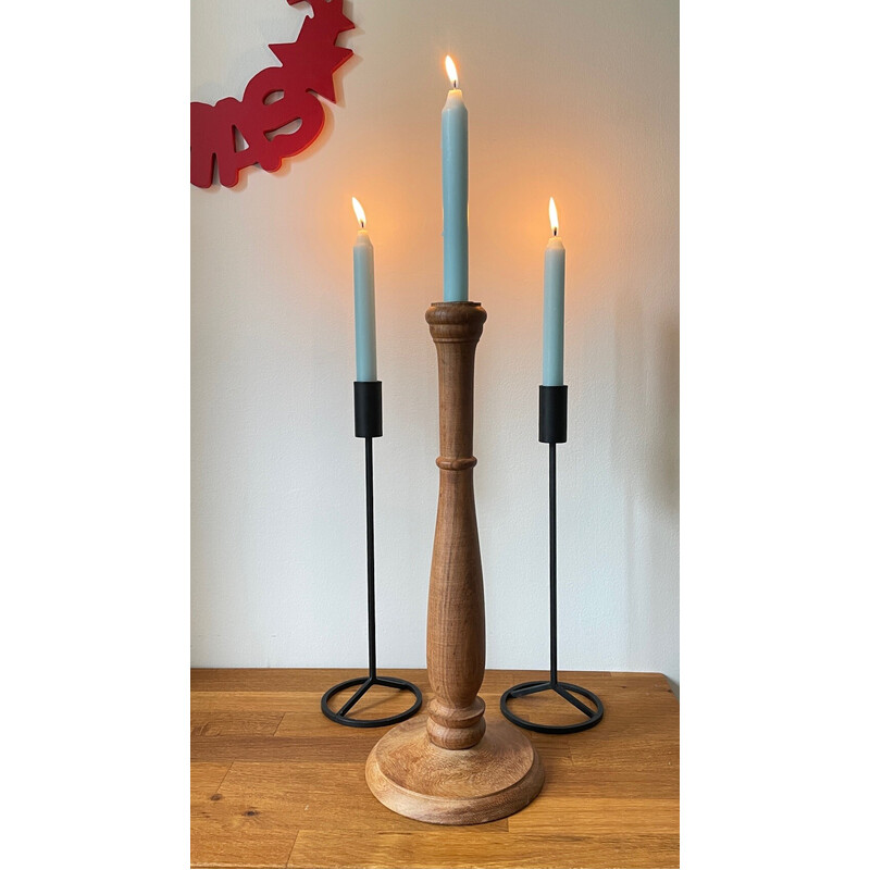 Set of 3 vintage teak and steel candlestick