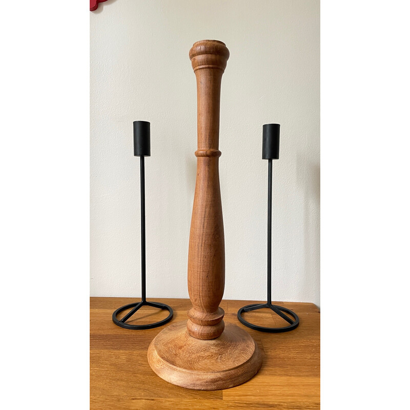 Set of 3 vintage teak and steel candlestick