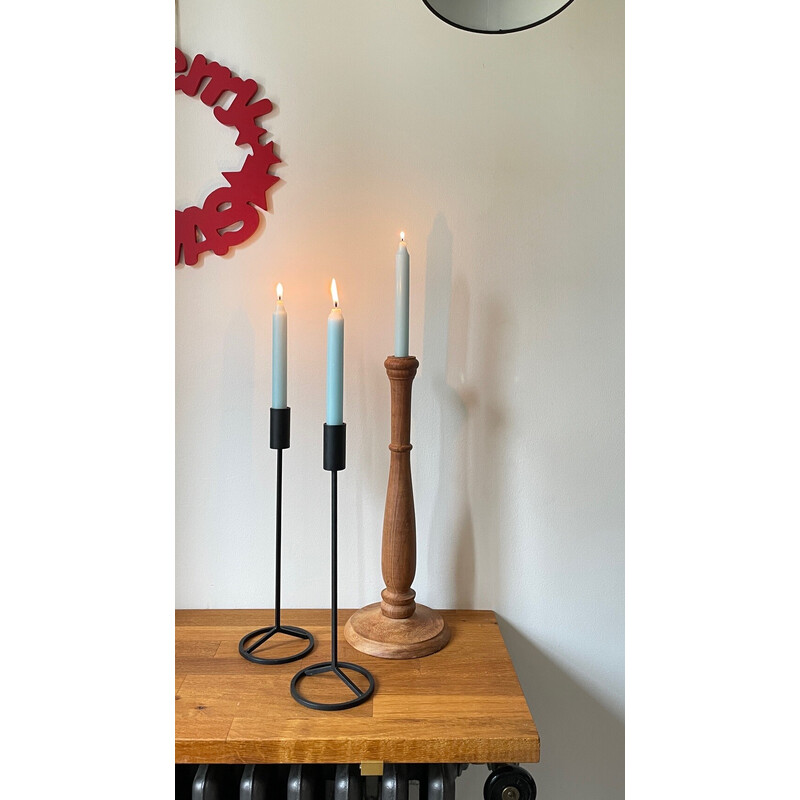 Set of 3 vintage teak and steel candlestick