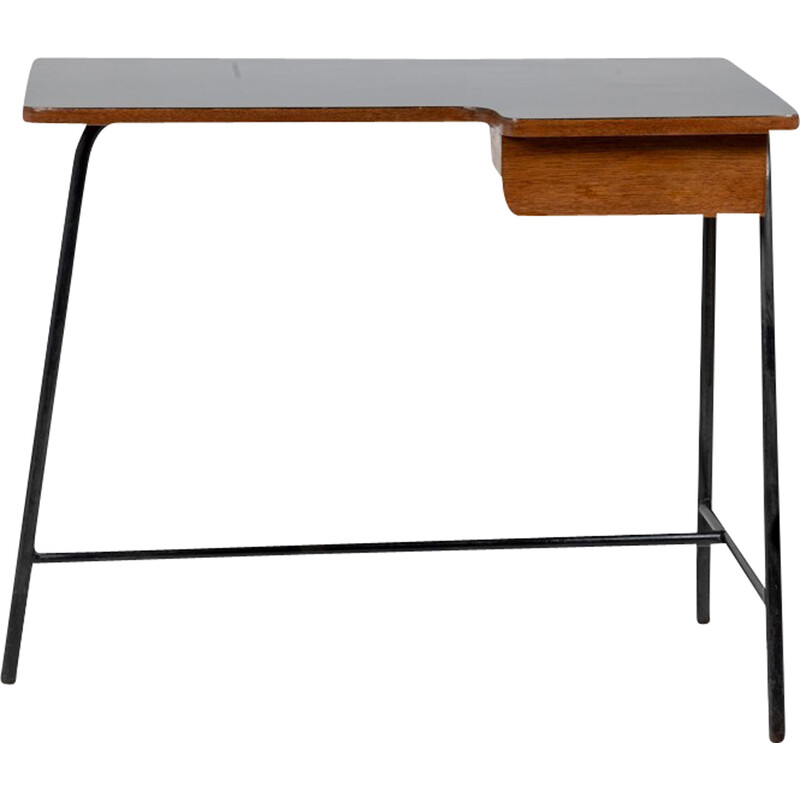 Vintage oak and black metal desk by Jacques Hitier for Mbo, 1951