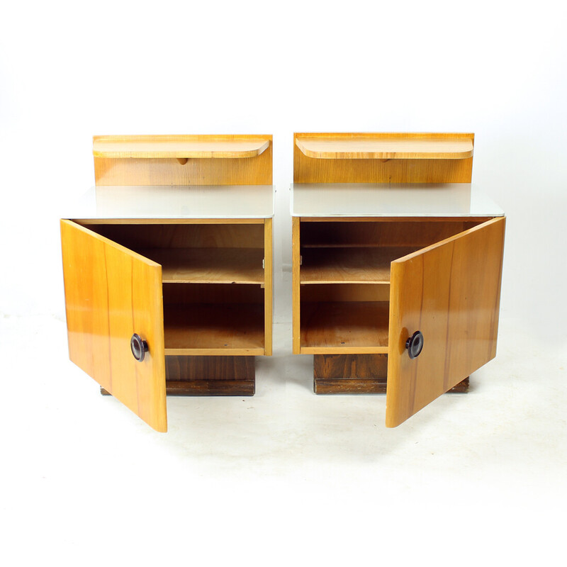 Pair of vintage bedside tables in wood and glass, Czechoslovakia 1950