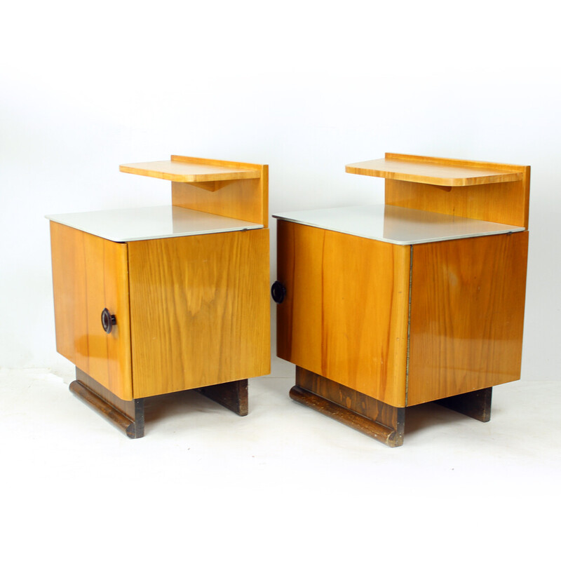 Pair of vintage bedside tables in wood and glass, Czechoslovakia 1950