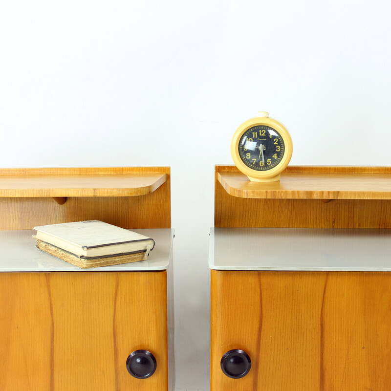 Pair of vintage bedside tables in wood and glass, Czechoslovakia 1950