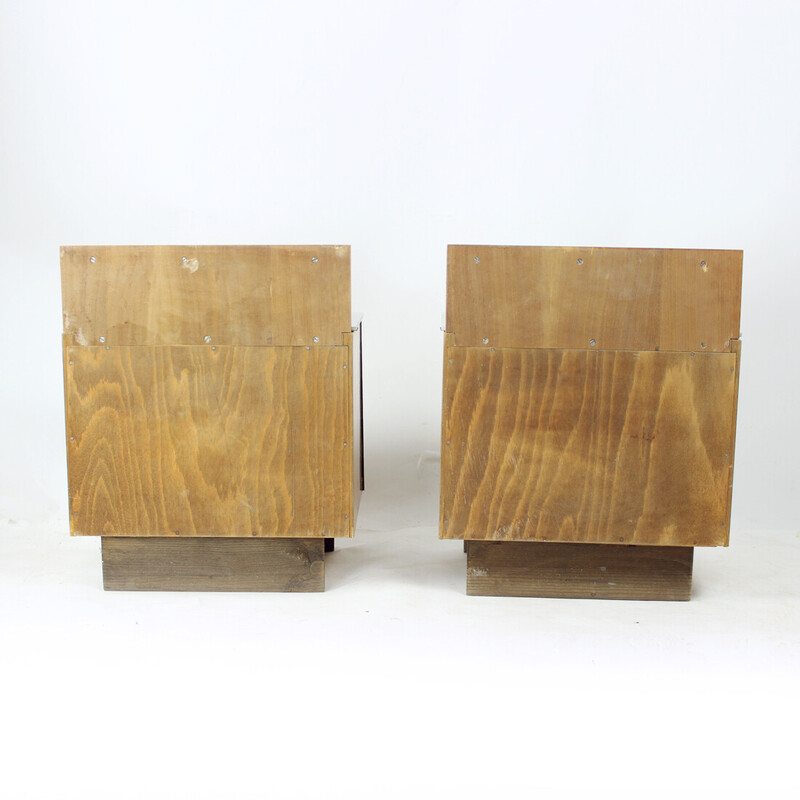 Pair of vintage bedside tables in wood and glass, Czechoslovakia 1950