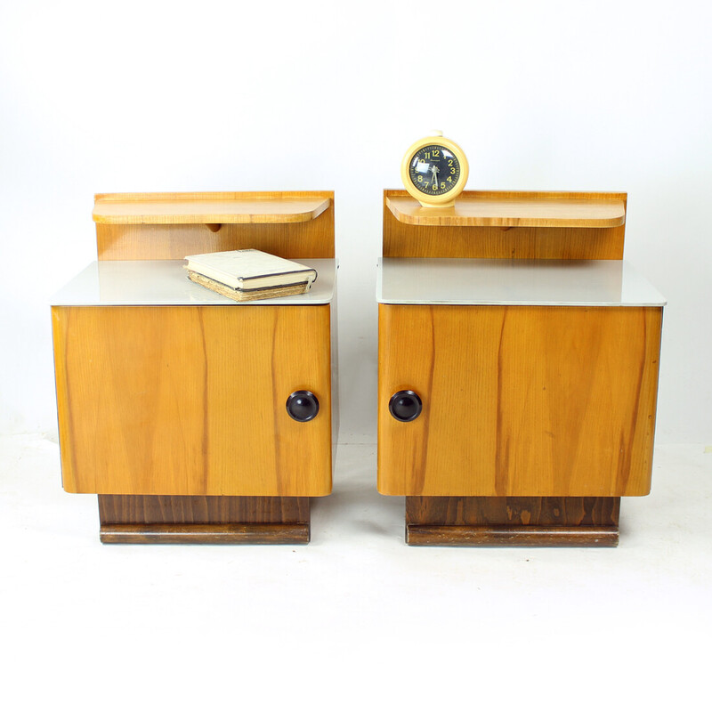 Pair of vintage bedside tables in wood and glass, Czechoslovakia 1950