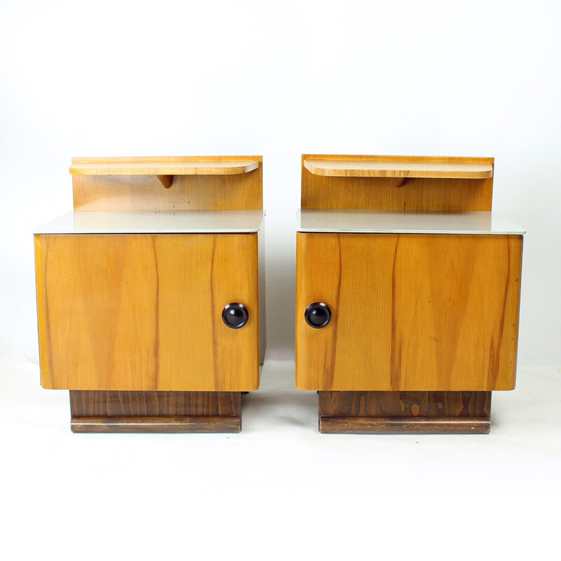 Pair of vintage bedside tables in wood and glass, Czechoslovakia 1950