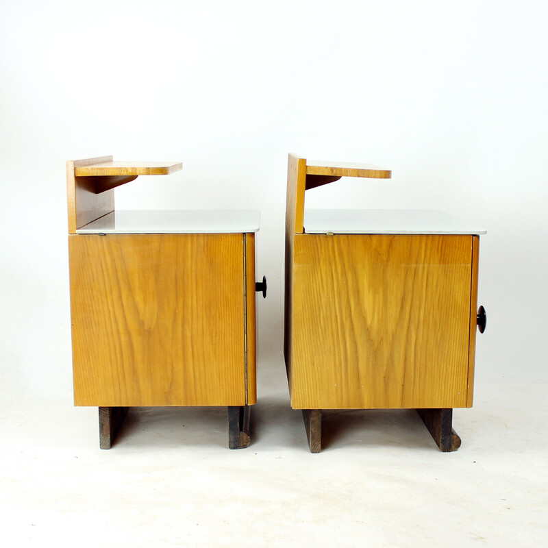 Pair of vintage bedside tables in wood and glass, Czechoslovakia 1950