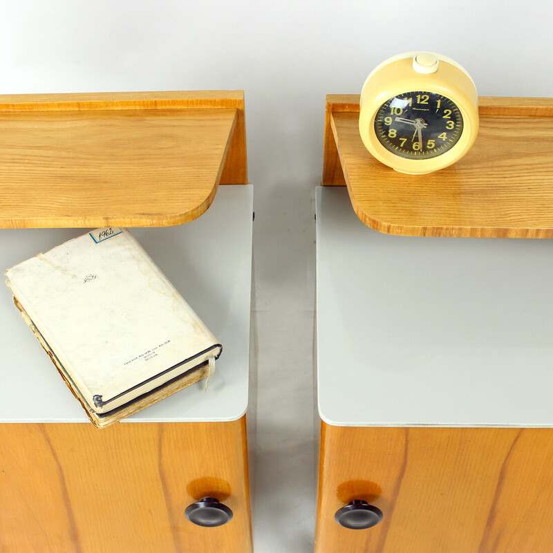 Pair of vintage bedside tables in wood and glass, Czechoslovakia 1950