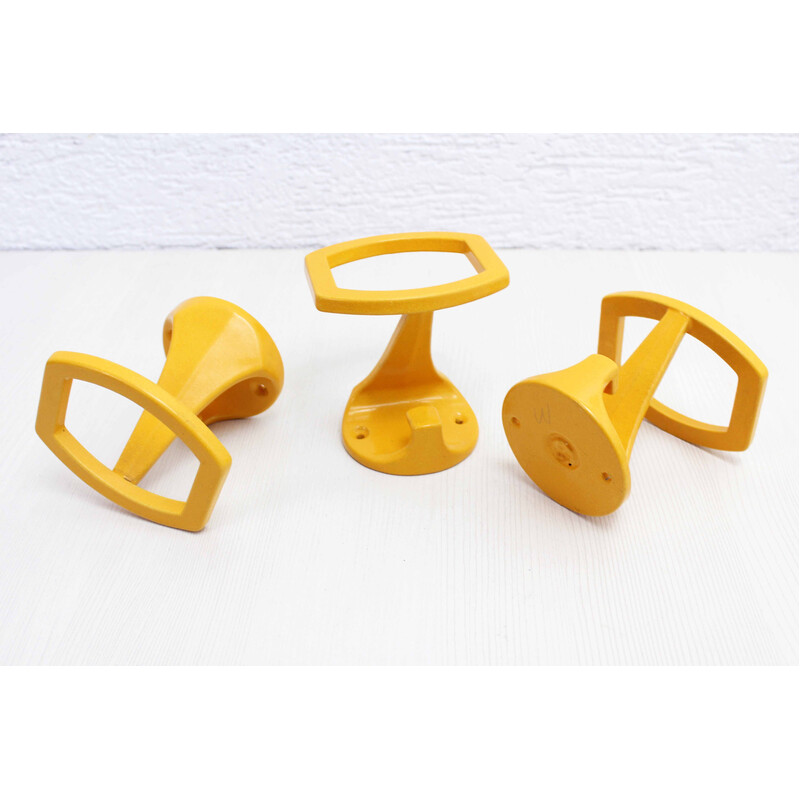 Set of 3 vintage yellow metal coat hooks, 1970