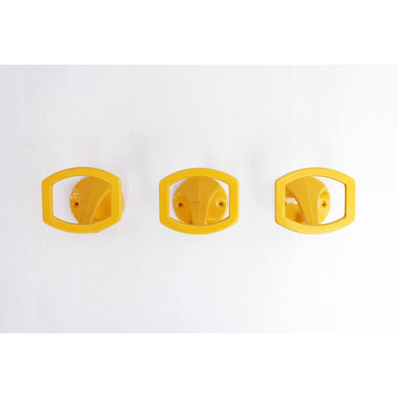 Set of 3 vintage yellow metal coat hooks, 1970