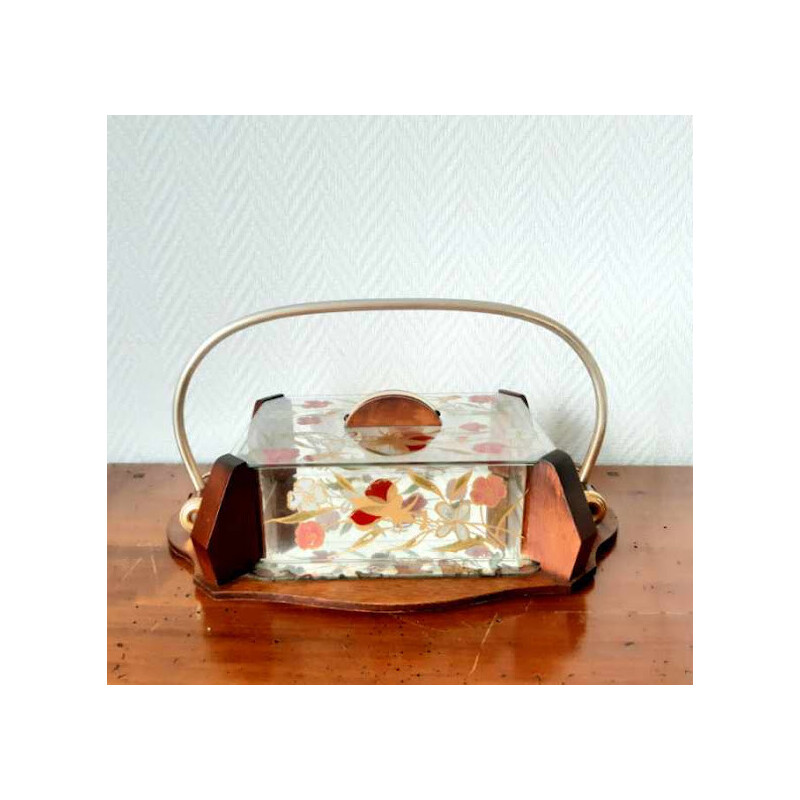 Vintage Art Deco biscuit box in wood and glass with floral decoration, 1930