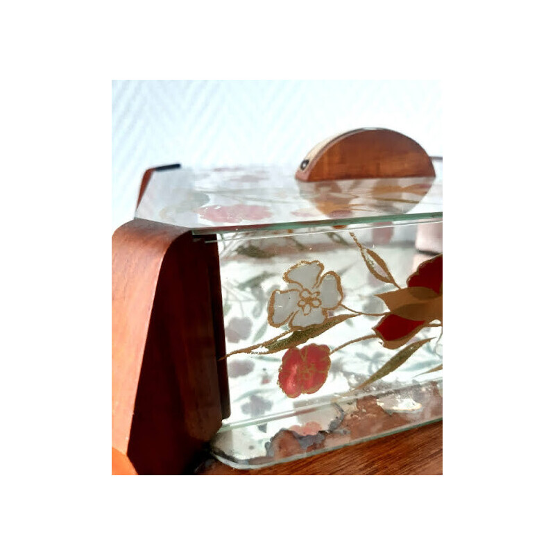 Vintage Art Deco biscuit box in wood and glass with floral decoration, 1930