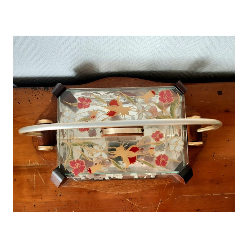 Vintage Art Deco biscuit box in wood and glass with floral decoration, 1930