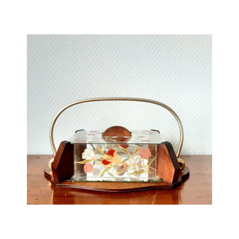 Boîte à biscuit vintage Art Déco en bois et verre à décor floral, 1930